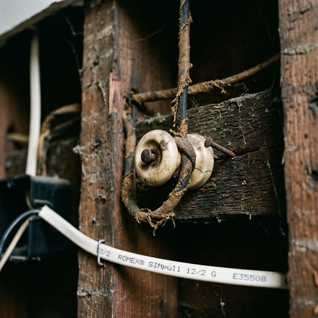 Old knob and tube wiring beside modern Romex cable