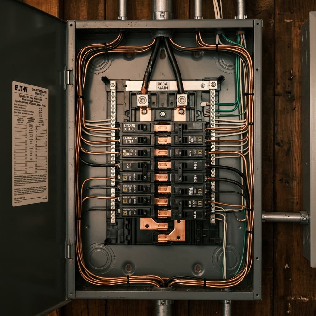Modern residential electrical panel with circuit breakers